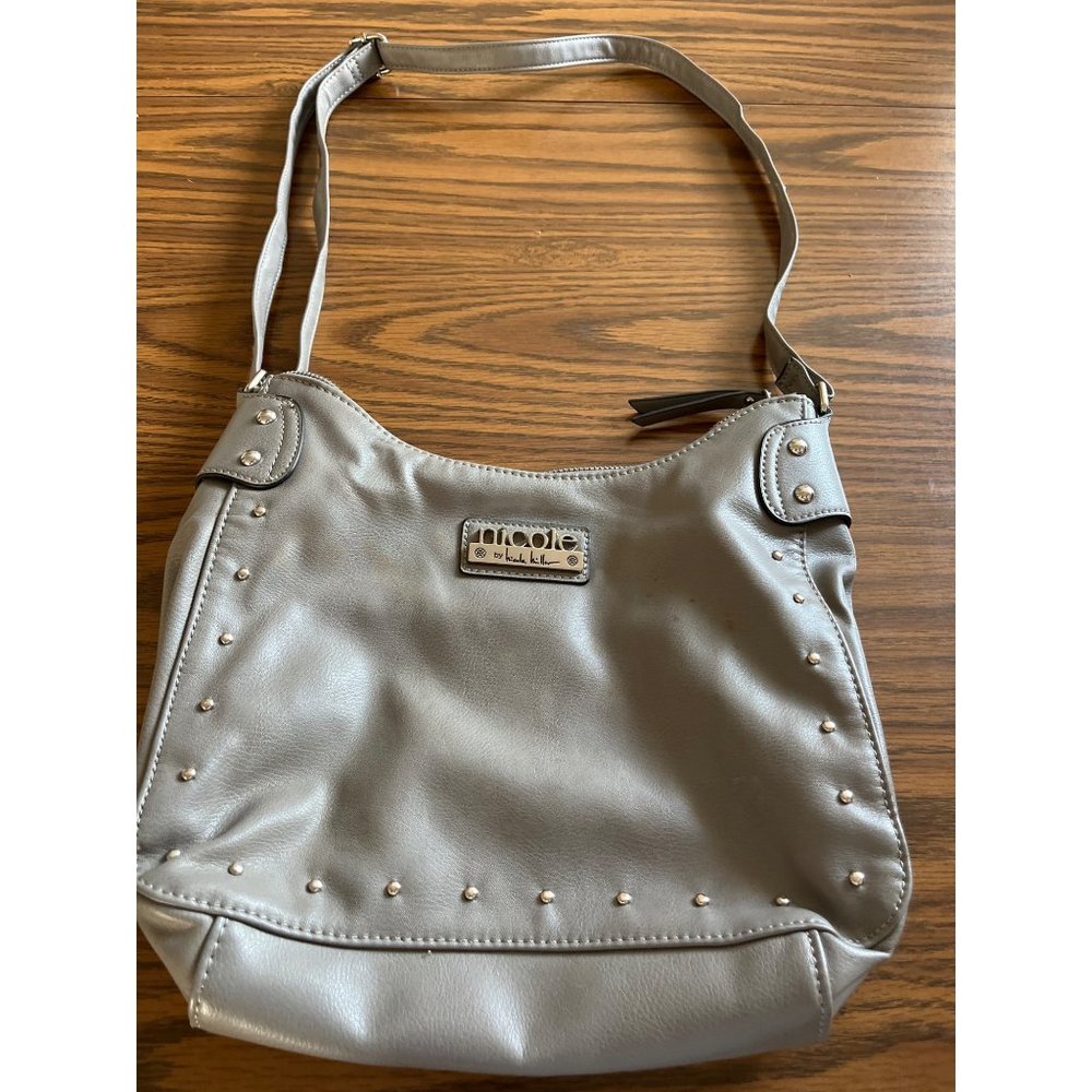 Nicole by Nicole Miller woman’s grey with silver studs adjustable strap shoulder